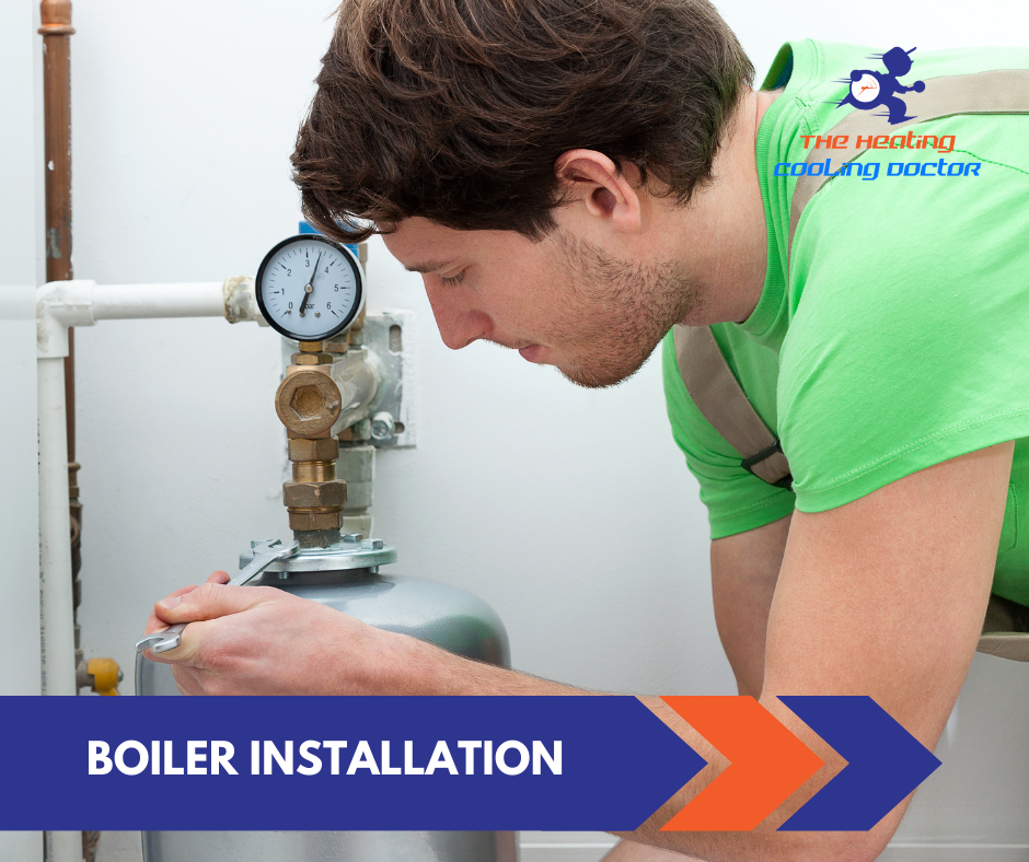 professional technician installing small boiler for a house