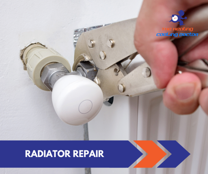 technician repairs radiator using an adjustable wrench